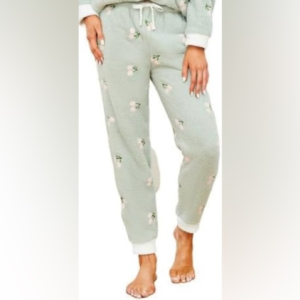 Heartnice Cozy Sage Green Cherry Embroidered Drawstring Pajama Pants Size L